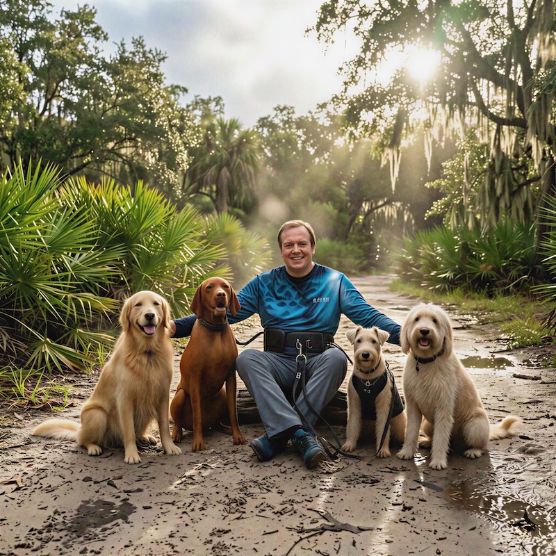 Stephen sitting on a log in morning sun with four calm dogs after a structured outing